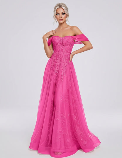 Tulle Lace Appliqué Off-Shoulder Sweetheart Ball Gown Maxi Dress for Party, Cocktail, Evening, Wedding Guest & Summer Events,