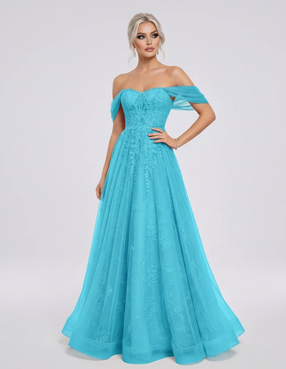 Tulle Lace Appliqué Off-Shoulder Sweetheart Ball Gown Maxi Dress for Party, Cocktail, Evening, Wedding Guest & Summer Events,
