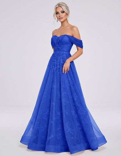 Tulle Lace Appliqué Off-Shoulder Sweetheart Ball Gown Maxi Dress for Party, Cocktail, Evening, Wedding Guest & Summer Events,