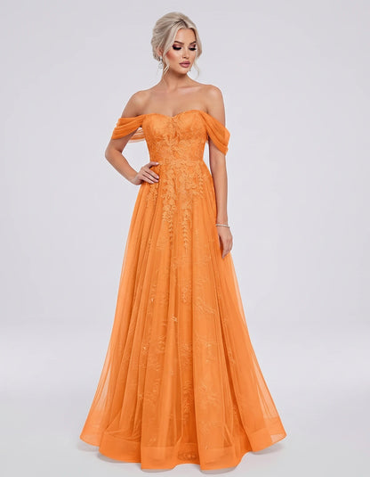 Tulle Lace Appliqué Off-Shoulder Sweetheart Ball Gown Maxi Dress for Party, Cocktail, Evening, Wedding Guest & Summer Events,