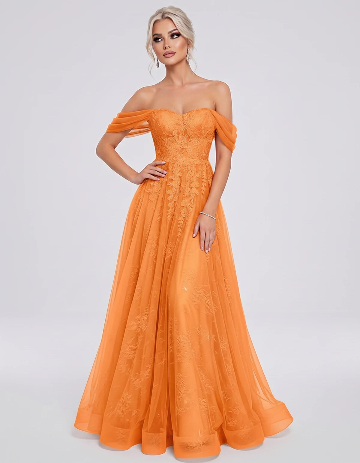 Tulle Lace Appliqué Off-Shoulder Sweetheart Ball Gown Maxi Dress for Party, Cocktail, Evening, Wedding Guest & Summer Events,
