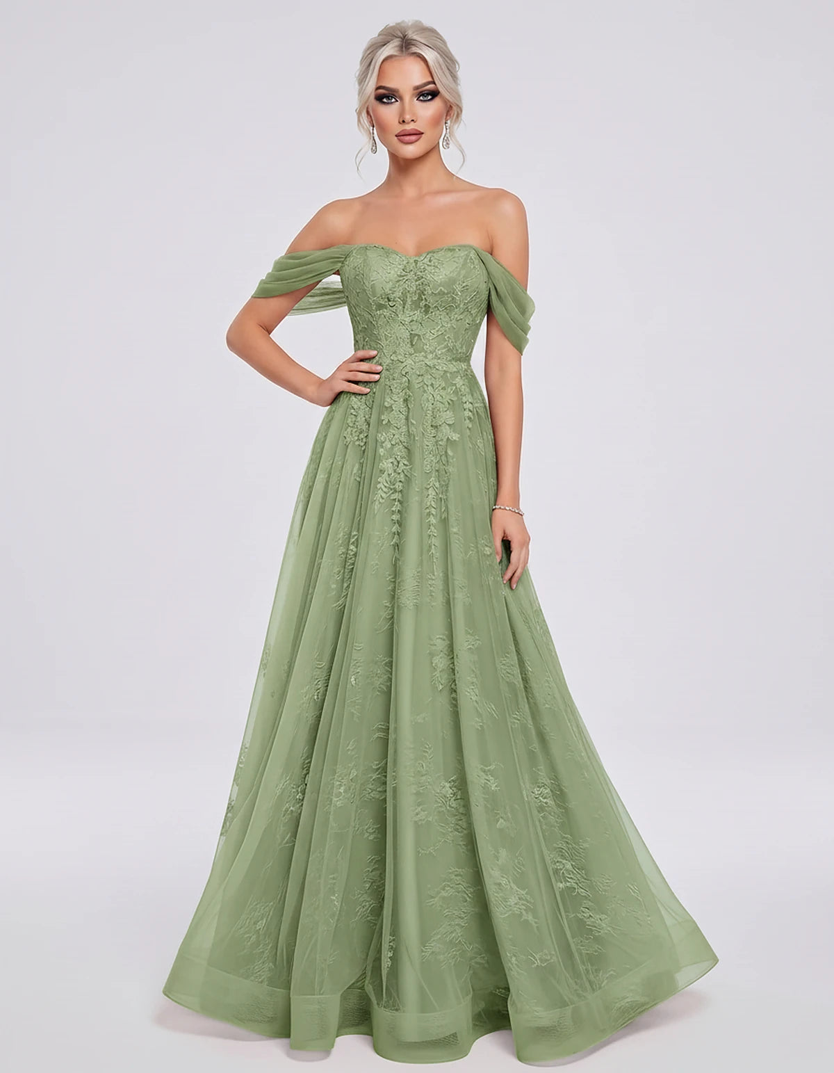 Tulle Lace Appliqué Off-Shoulder Sweetheart Ball Gown Maxi Dress for Party, Cocktail, Evening, Wedding Guest & Summer Events,