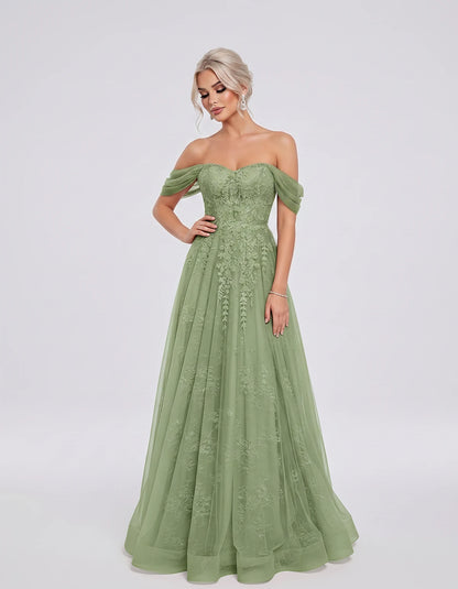 Tulle Lace Appliqué Off-Shoulder Sweetheart Ball Gown Maxi Dress for Party, Cocktail, Evening, Wedding Guest & Summer Events,
