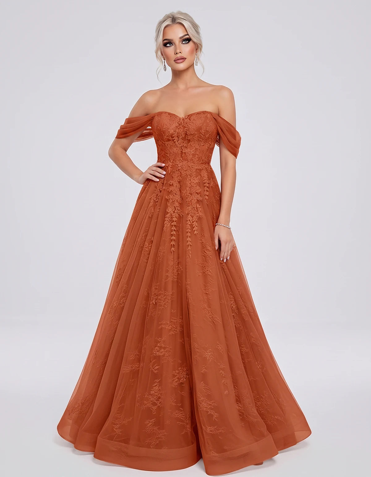 Tulle Lace Appliqué Off-Shoulder Sweetheart Ball Gown Maxi Dress for Party, Cocktail, Evening, Wedding Guest & Summer Events,