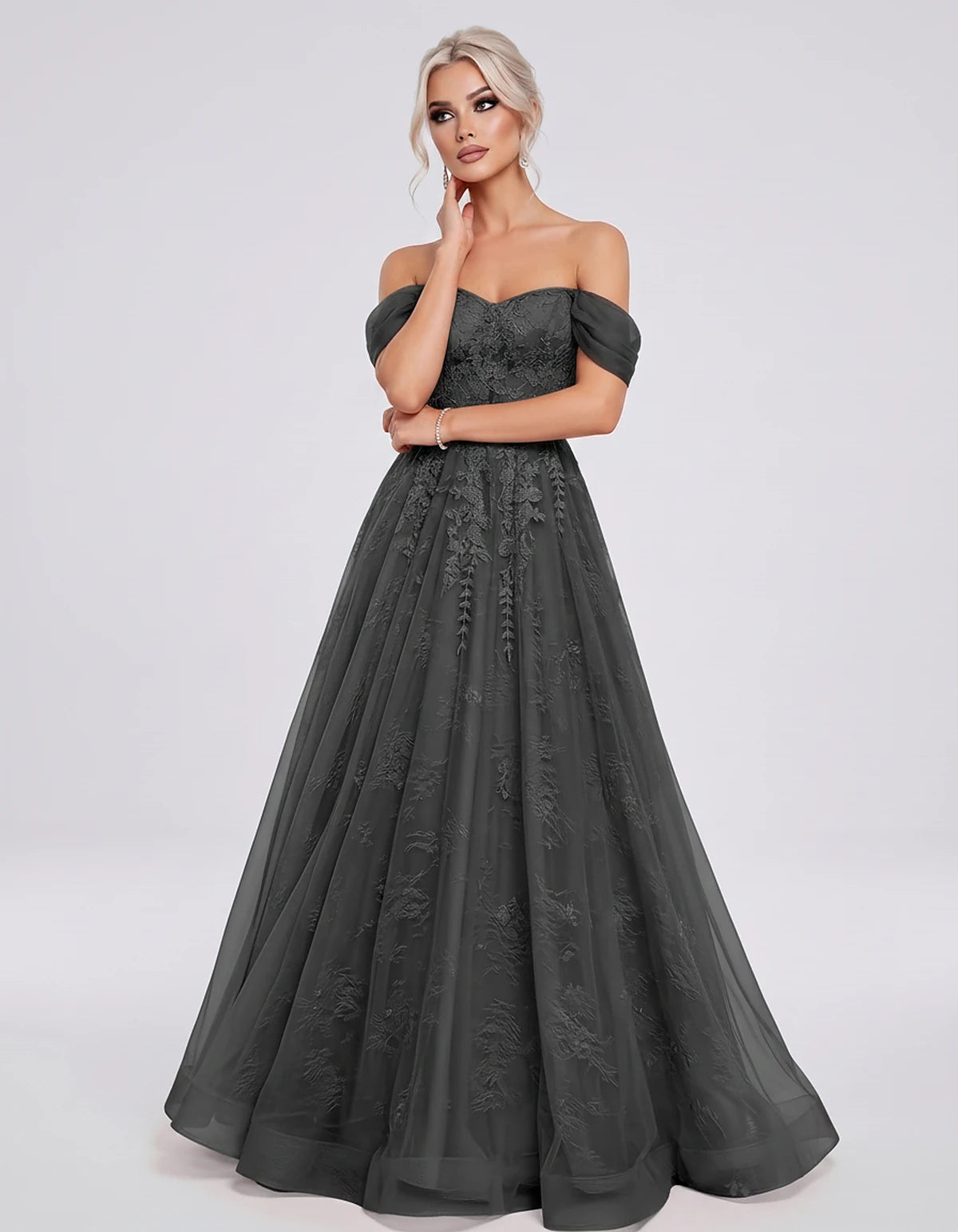 Tulle Lace Appliqué Off-Shoulder Sweetheart Ball Gown Maxi Dress for Party, Cocktail, Evening, Wedding Guest & Summer Events,