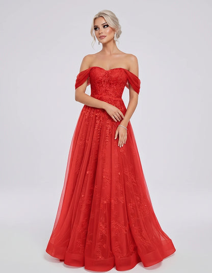 Tulle Lace Appliqué Off-Shoulder Sweetheart Ball Gown Maxi Dress for Party, Cocktail, Evening, Wedding Guest & Summer Events,