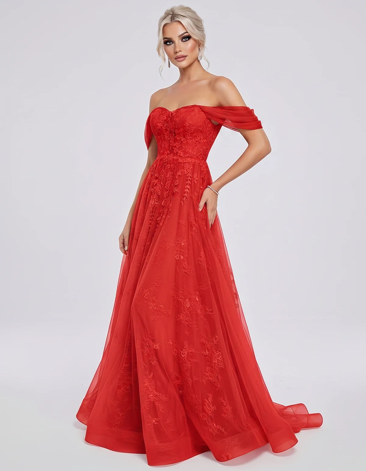 Tulle Lace Appliqué Off-Shoulder Sweetheart Ball Gown Maxi Dress for Party, Cocktail, Evening, Wedding Guest & Summer Events,