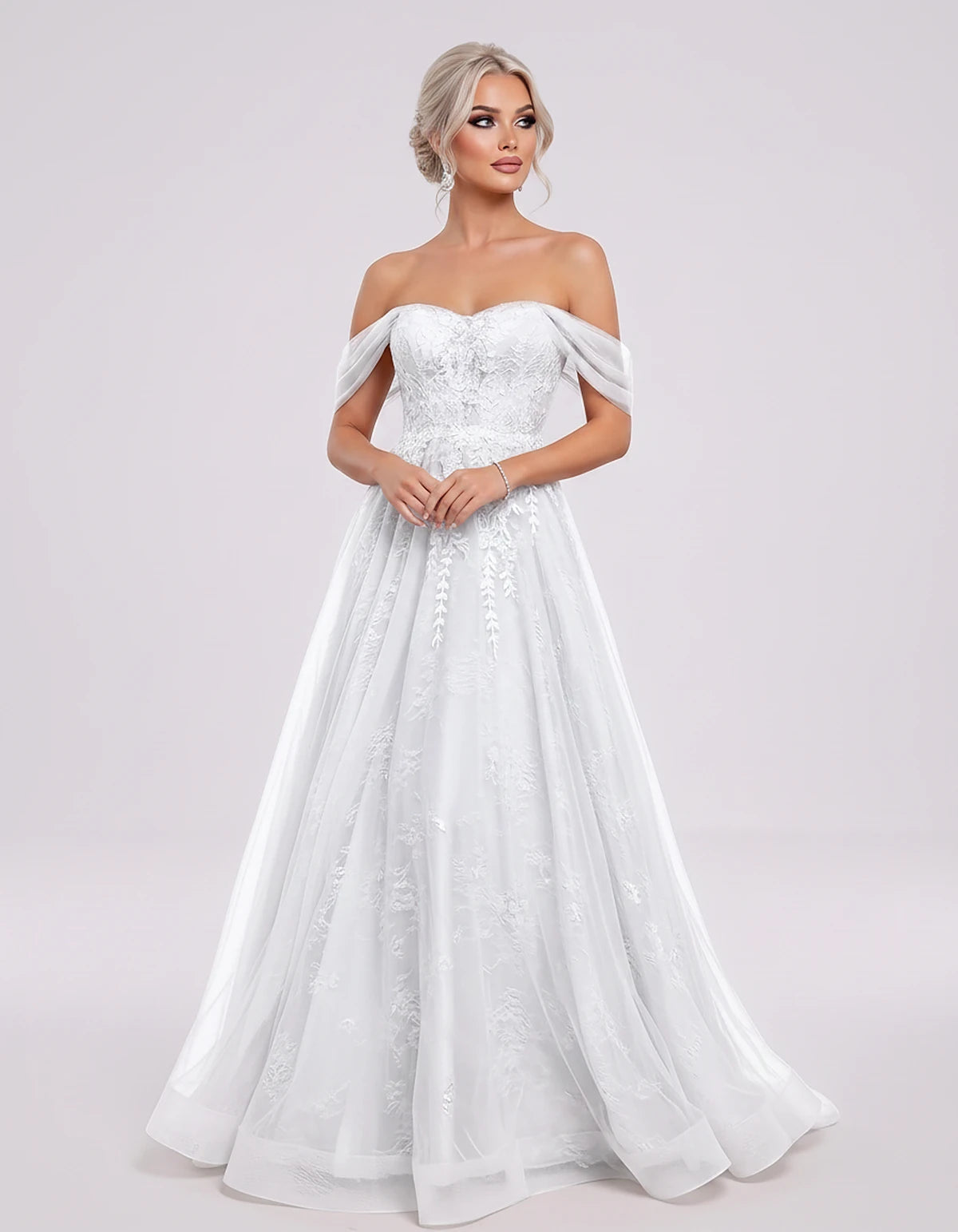 Tulle Lace Appliqué Off-Shoulder Sweetheart Ball Gown Maxi Dress for Party, Cocktail, Evening, Wedding Guest & Summer Events,