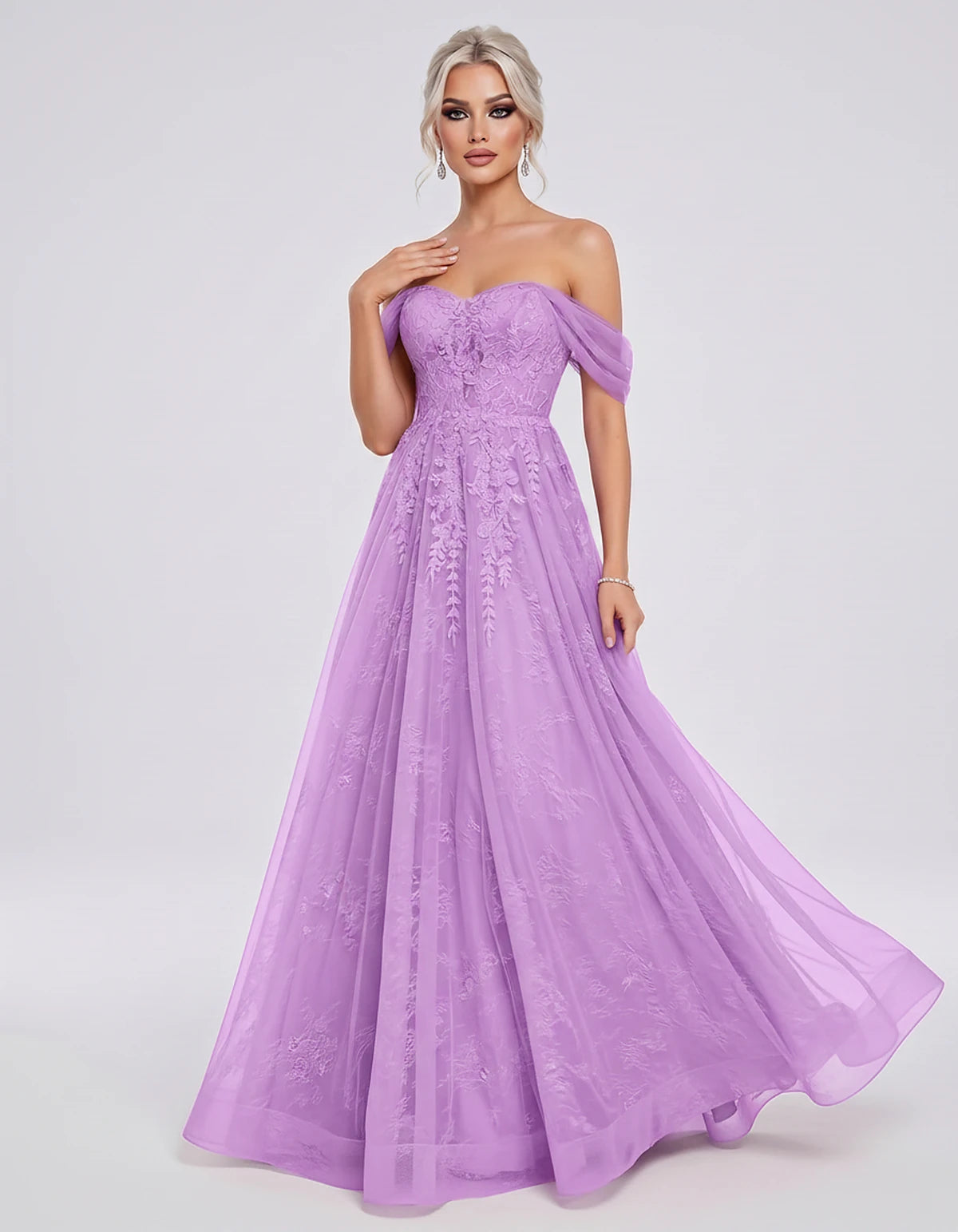 Tulle Lace Appliqué Off-Shoulder Sweetheart Ball Gown Maxi Dress for Party, Cocktail, Evening, Wedding Guest & Summer Events,