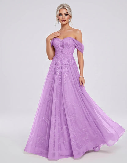 Tulle Lace Appliqué Off-Shoulder Sweetheart Ball Gown Maxi Dress for Party, Cocktail, Evening, Wedding Guest & Summer Events,