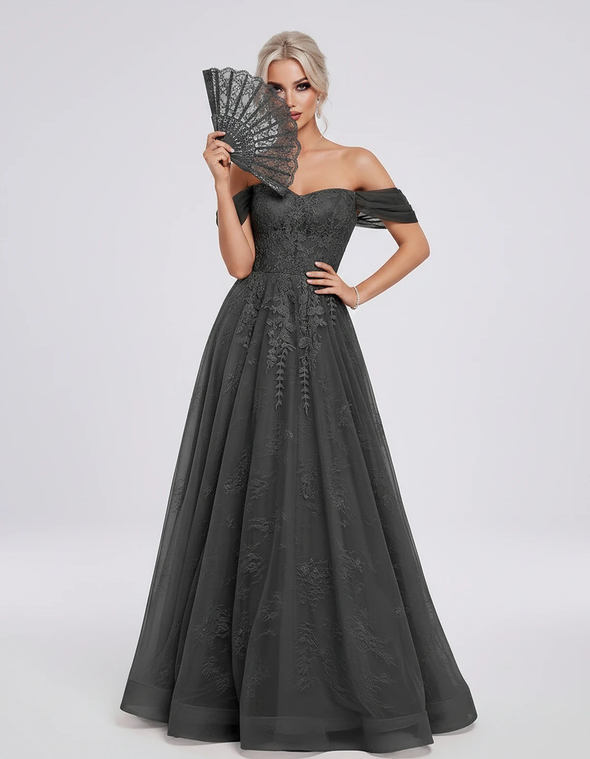 Tulle Lace Appliqué Off-Shoulder Sweetheart Ball Gown Maxi Dress for Party, Cocktail, Evening, Wedding Guest & Summer Events,