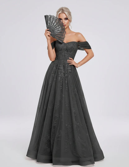 Tulle Lace Appliqué Off-Shoulder Sweetheart Ball Gown Maxi Dress for Party, Cocktail, Evening, Wedding Guest & Summer Events,