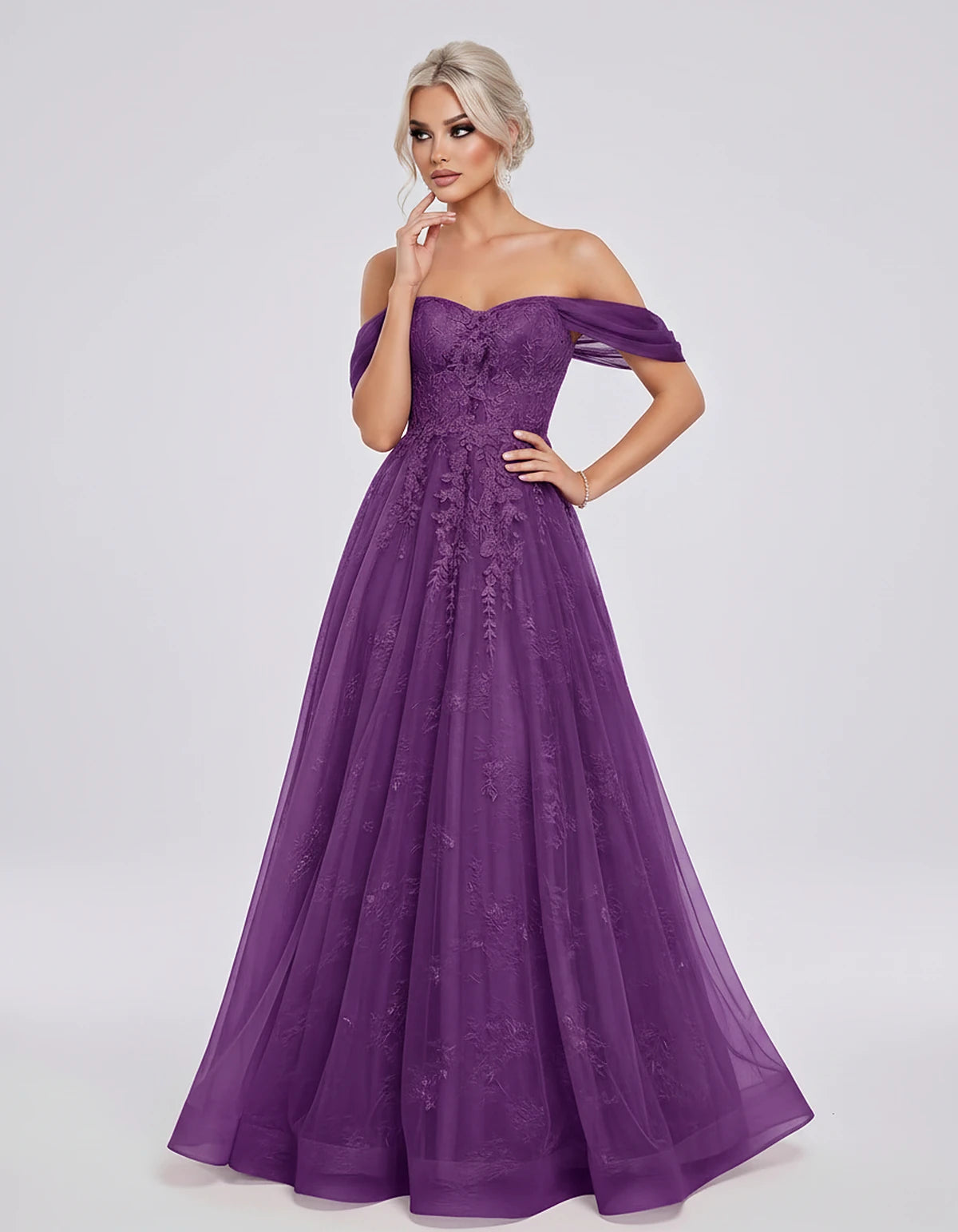Tulle Lace Appliqué Off-Shoulder Sweetheart Ball Gown Maxi Dress for Party, Cocktail, Evening, Wedding Guest & Summer Events,