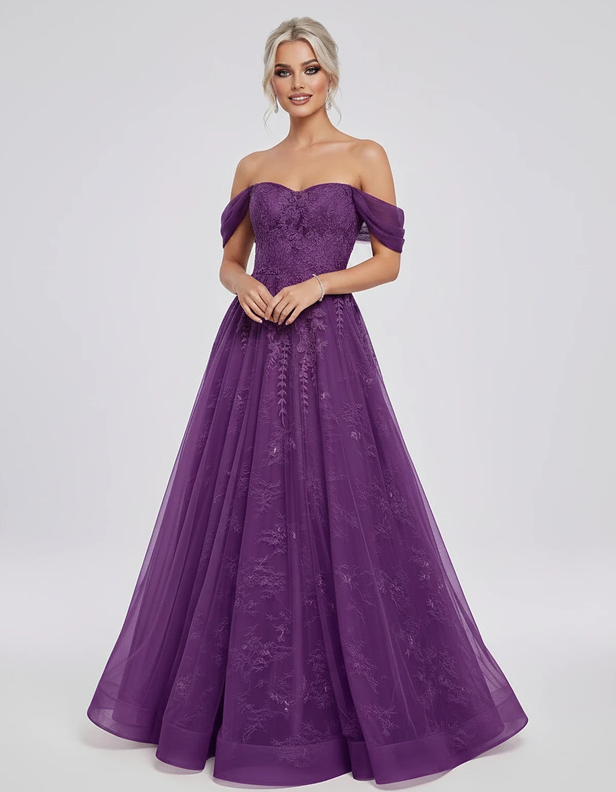 Tulle Lace Appliqué Off-Shoulder Sweetheart Ball Gown Maxi Dress for Party, Cocktail, Evening, Wedding Guest & Summer Events,