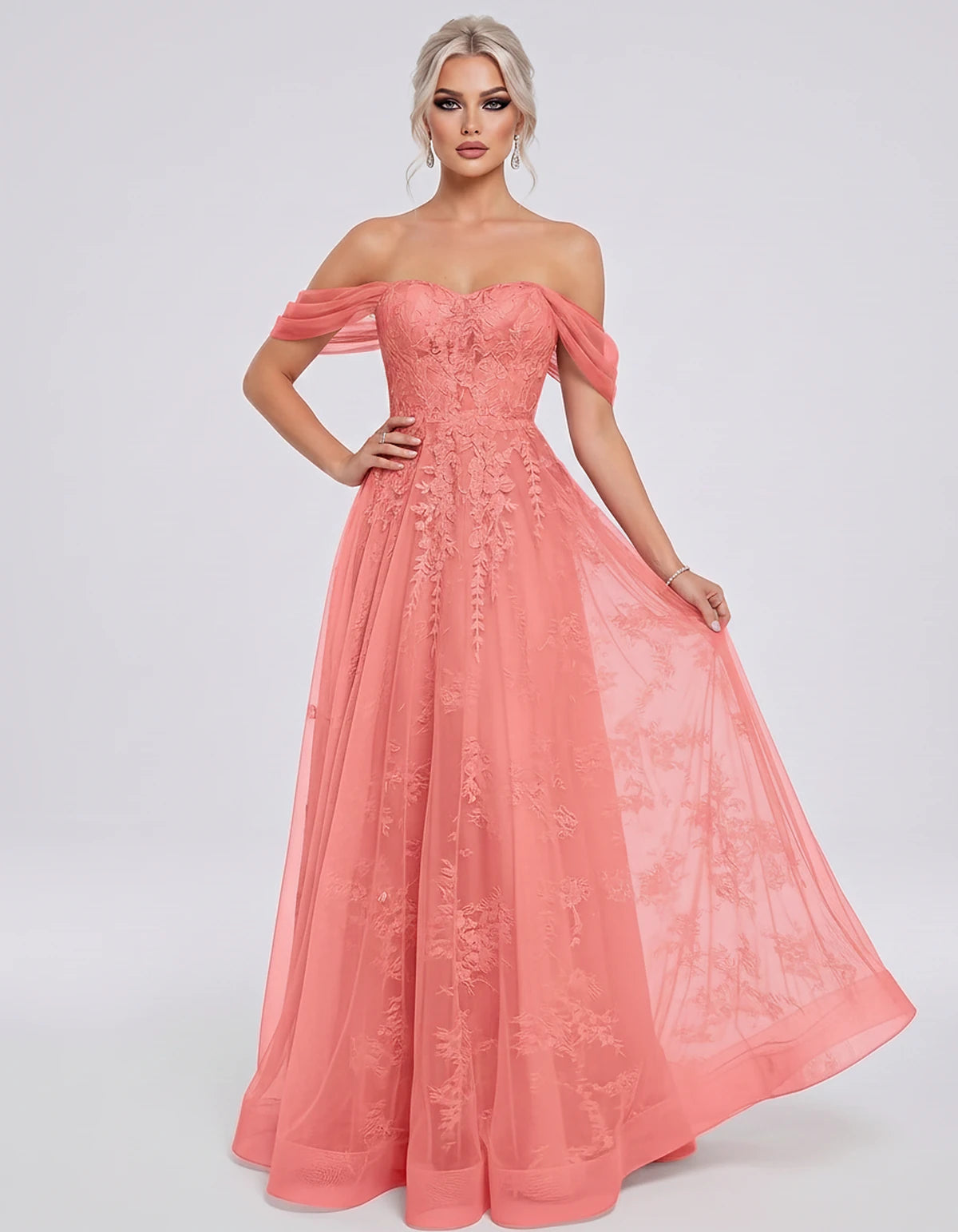 Tulle Lace Appliqué Off-Shoulder Sweetheart Ball Gown Maxi Dress for Party, Cocktail, Evening, Wedding Guest & Summer Events,