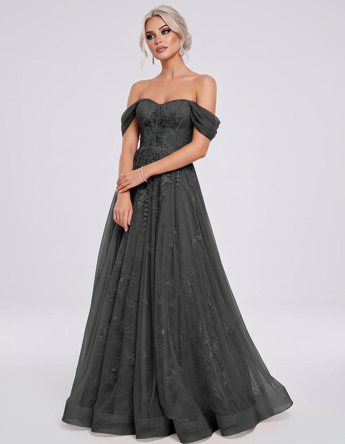 Tulle Lace Appliqué Off-Shoulder Sweetheart Ball Gown Maxi Dress for Party, Cocktail, Evening, Wedding Guest & Summer Events,