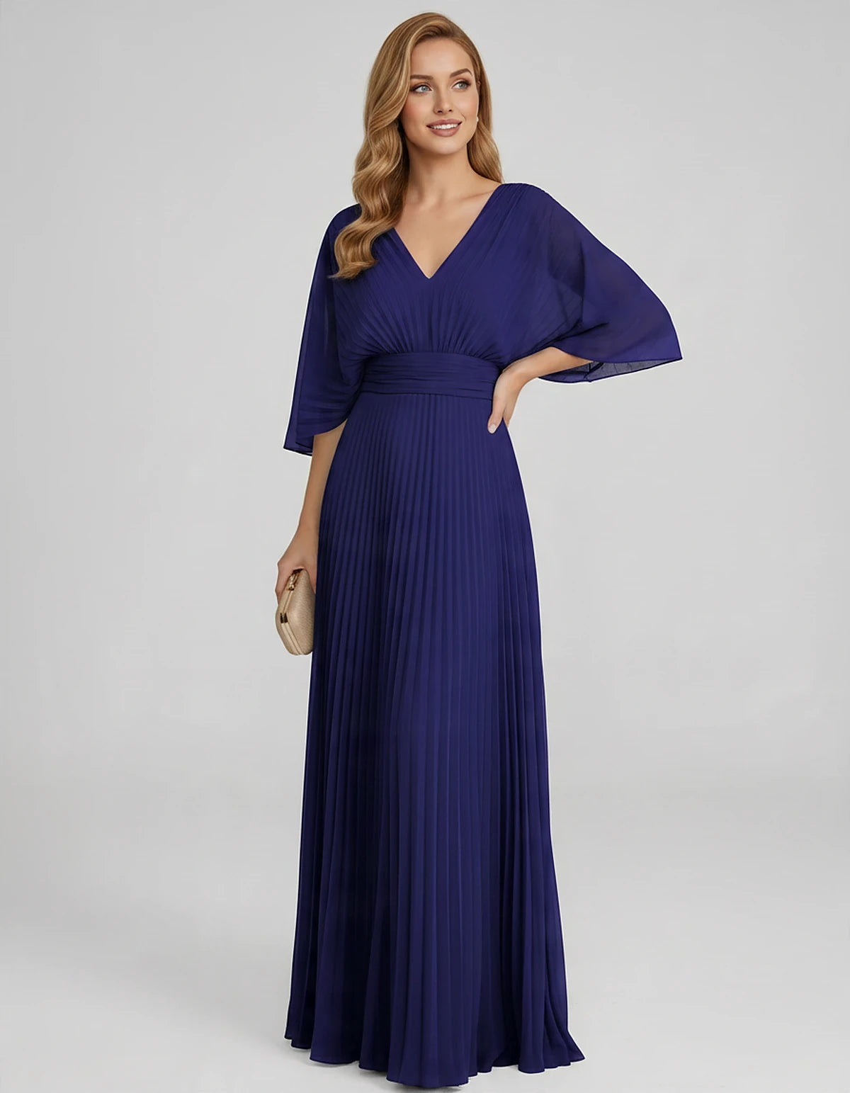 Pleated Chiffon 3/4 Sleeve V-Neck A-Line Maxi Dress for Party, Cocktail, Evening, Wedding Guest, Summer Events, front view | 