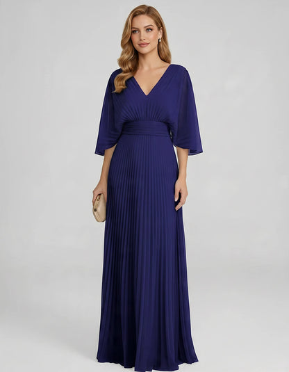 Pleated Chiffon 3/4 Sleeve V-Neck A-Line Maxi Dress for Party, Cocktail, Evening, Wedding Guest, Summer Events, front view | 
