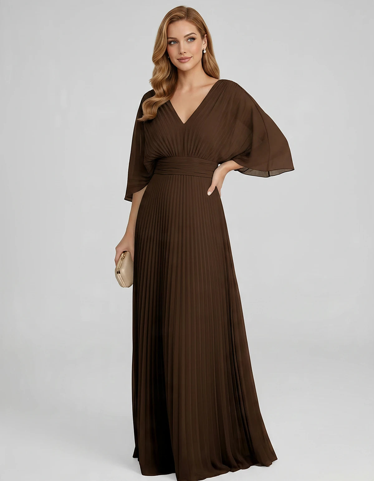Pleated Chiffon 3/4 Sleeve V-Neck A-Line Maxi Dress for Party, Cocktail, Evening, Wedding Guest, Summer Events, front view | 