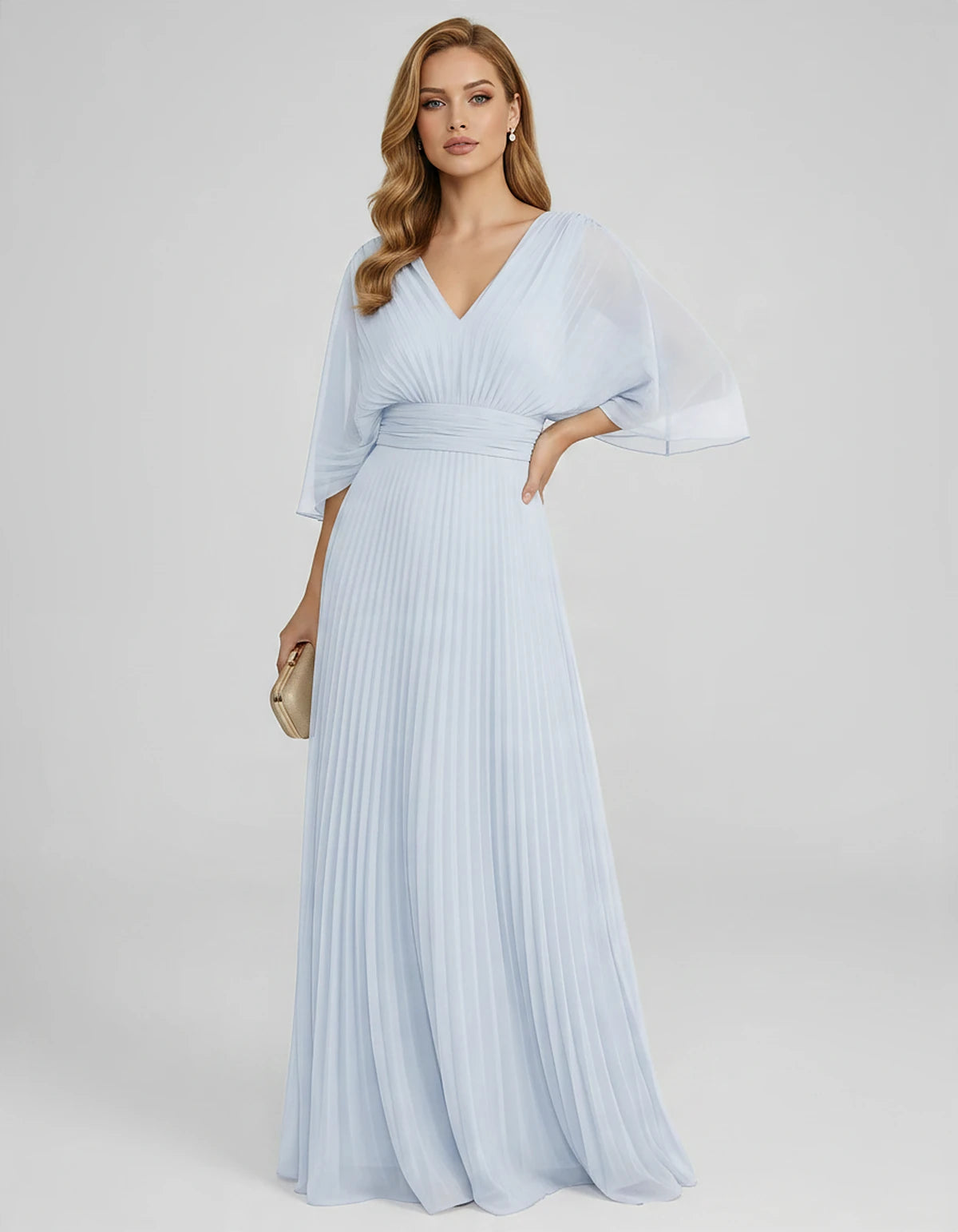 Pleated Chiffon 3/4 Sleeve V-Neck A-Line Maxi Dress for Party, Cocktail, Evening, Wedding Guest, Summer Events, front view | 