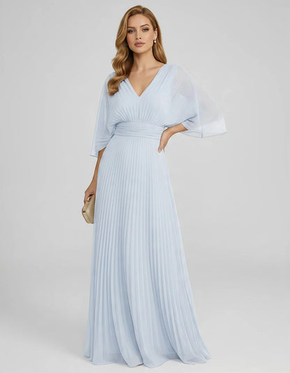 Pleated Chiffon 3/4 Sleeve V-Neck A-Line Maxi Dress for Party, Cocktail, Evening, Wedding Guest, Summer Events, front view | 