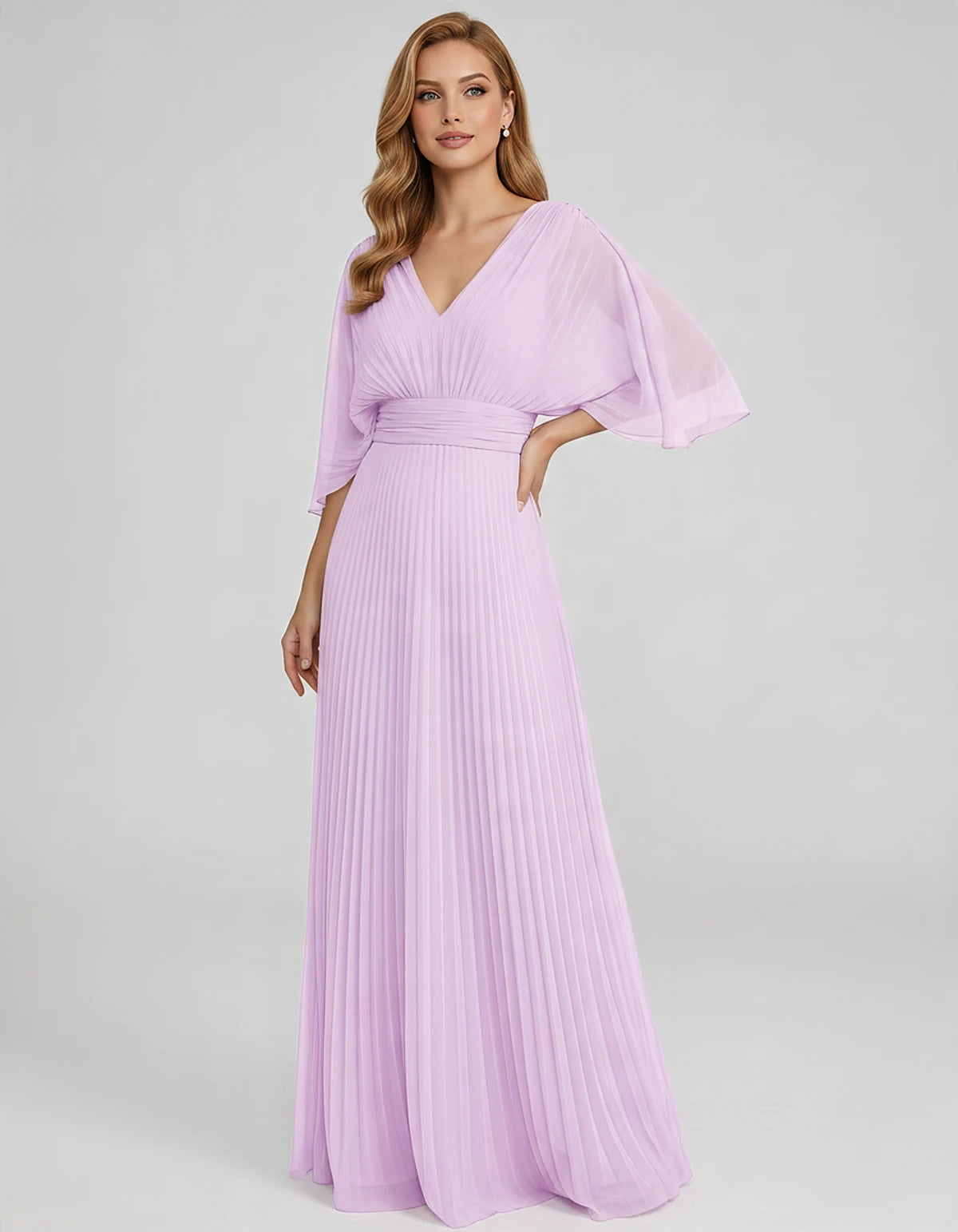 Pleated Chiffon 3/4 Sleeve V-Neck A-Line Maxi Dress for Party, Cocktail, Evening, Wedding Guest, Summer Events, front view | 