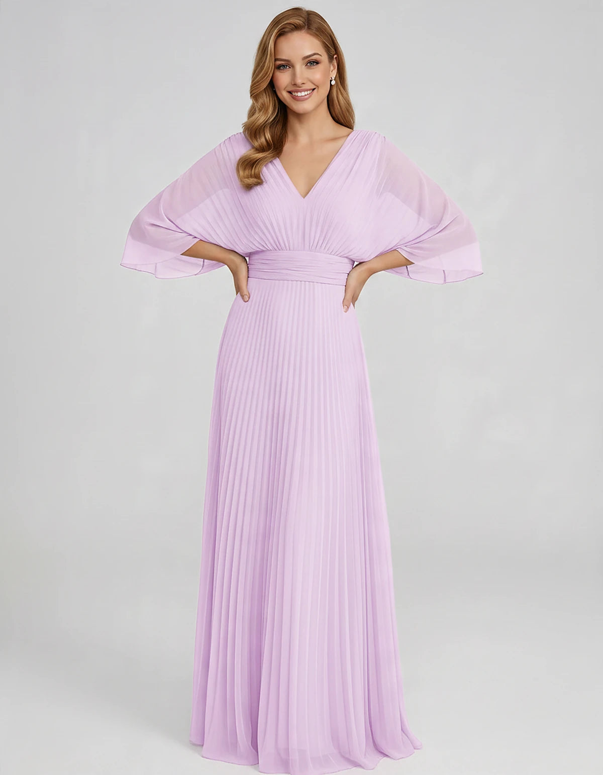 Pleated Chiffon 3/4 Sleeve V-Neck A-Line Maxi Dress for Party, Cocktail, Evening, Wedding Guest, Summer Events, front view | 