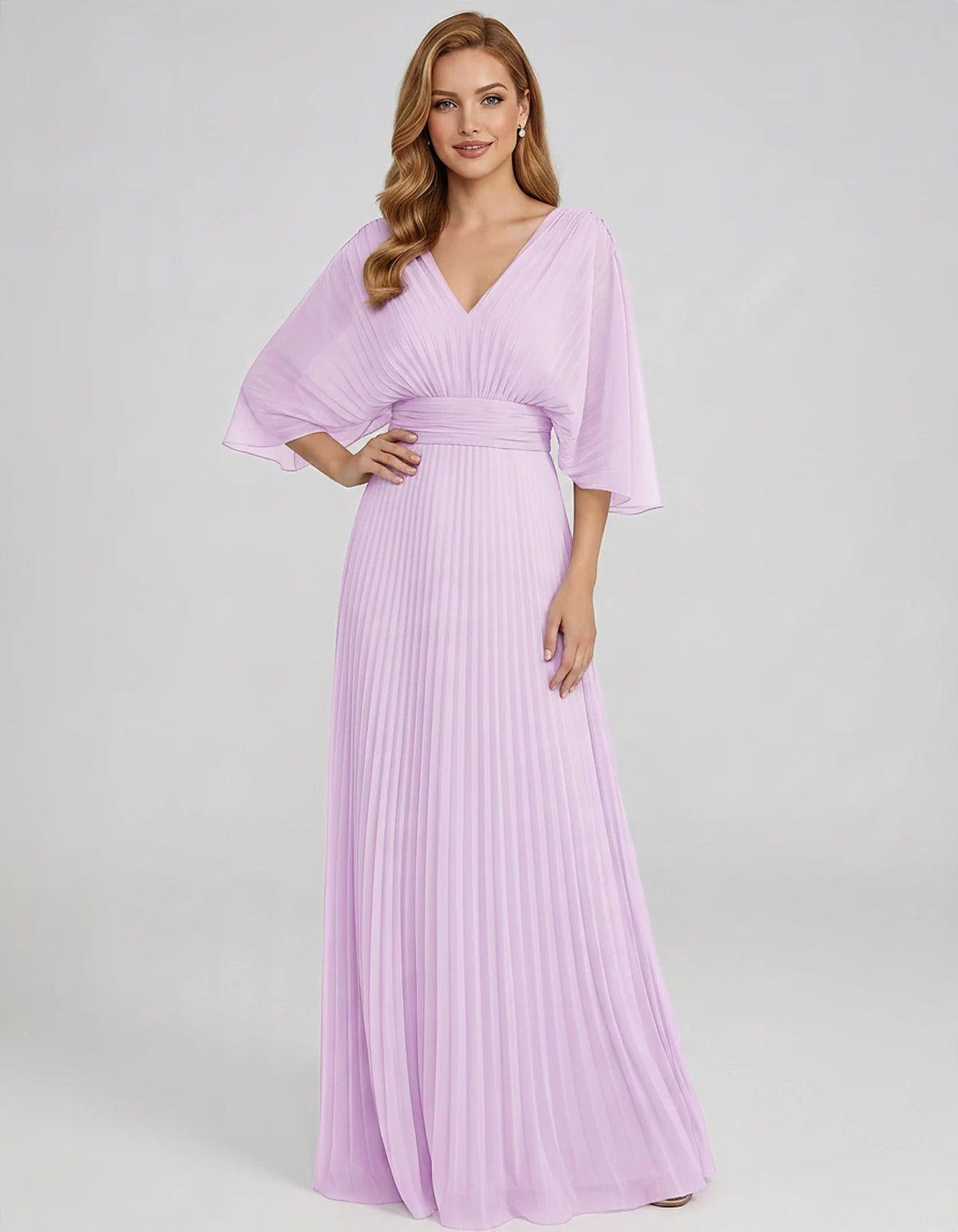 Pleated Chiffon 3/4 Sleeve V-Neck A-Line Maxi Dress for Party, Cocktail, Evening, Wedding Guest, Summer Events, front view | 