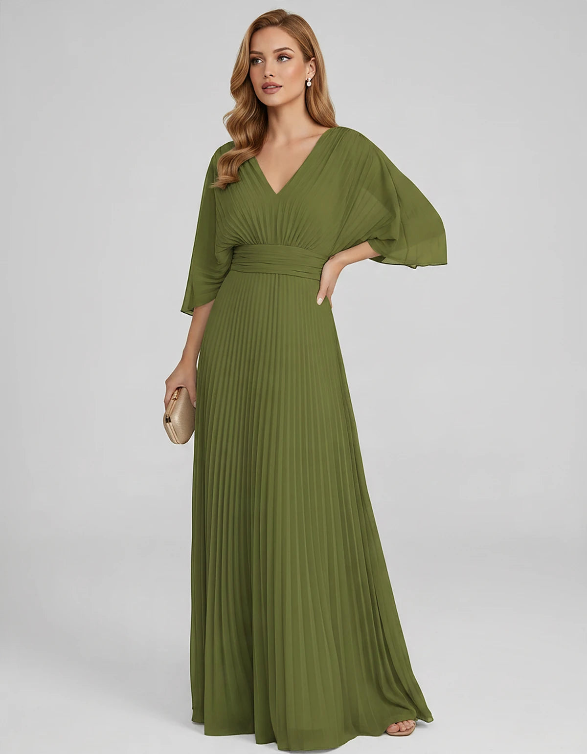 Pleated Chiffon 3/4 Sleeve V-Neck A-Line Maxi Dress for Party, Cocktail, Evening, Wedding Guest, Summer Events, front view | 