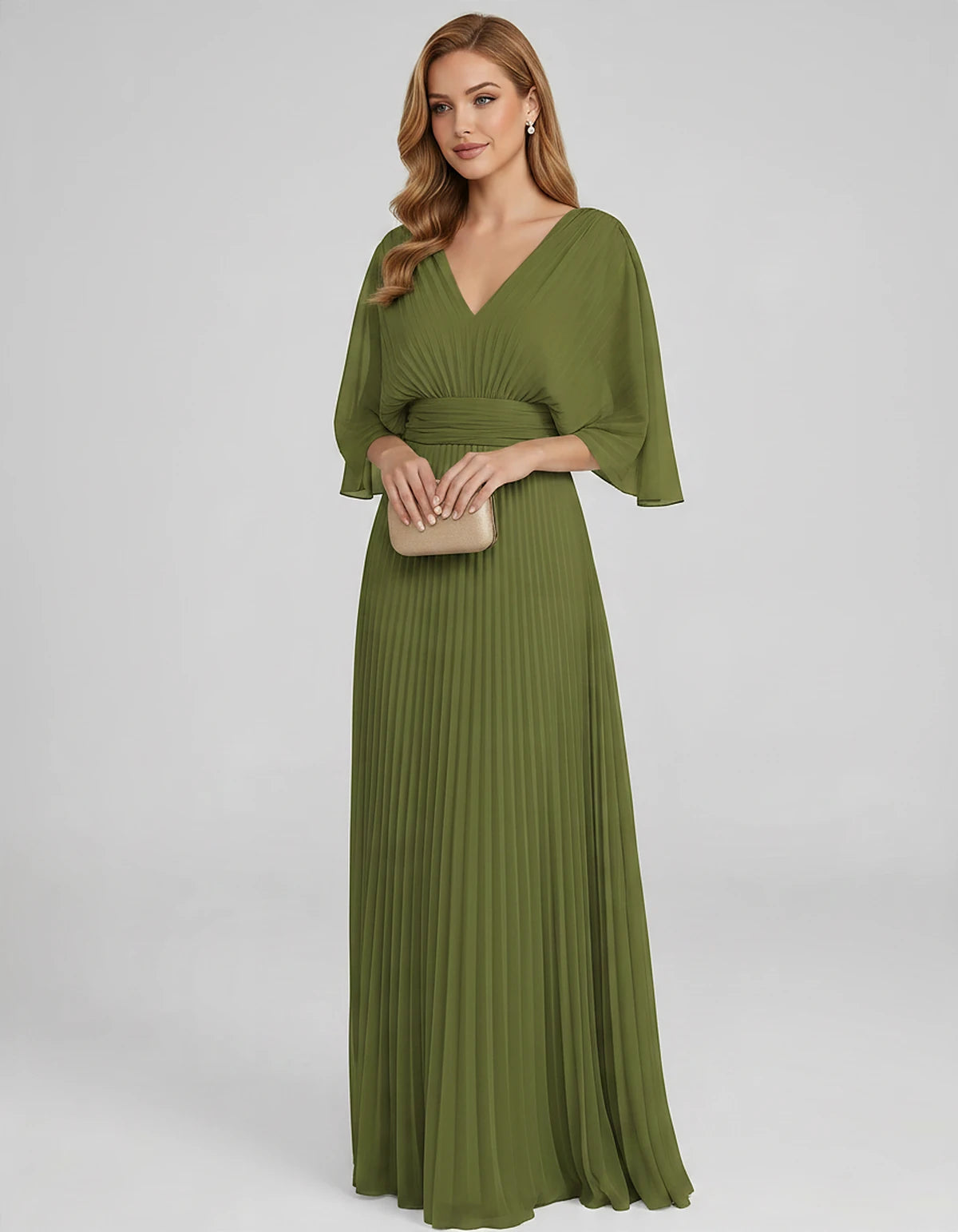 Pleated Chiffon 3/4 Sleeve V-Neck A-Line Maxi Dress for Party, Cocktail, Evening, Wedding Guest, Summer Events, front view | 