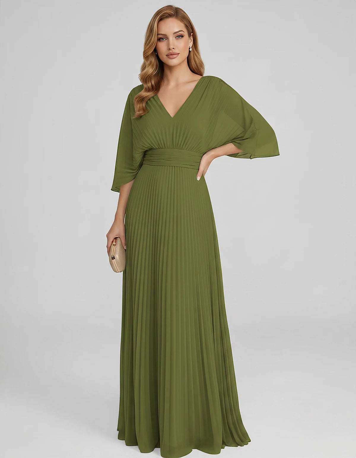 Pleated Chiffon 3/4 Sleeve V-Neck A-Line Maxi Dress for Party, Cocktail, Evening, Wedding Guest, Summer Events, front view | 