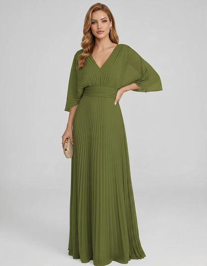 Pleated Chiffon 3/4 Sleeve V-Neck A-Line Maxi Dress for Party, Cocktail, Evening, Wedding Guest, Summer Events, front view | 