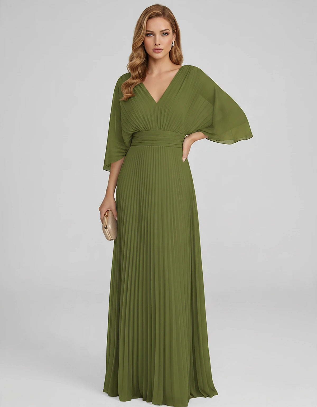 Pleated Chiffon 3/4 Sleeve V-Neck A-Line Maxi Dress for Party, Cocktail, Evening, Wedding Guest, Summer Events, front view | 