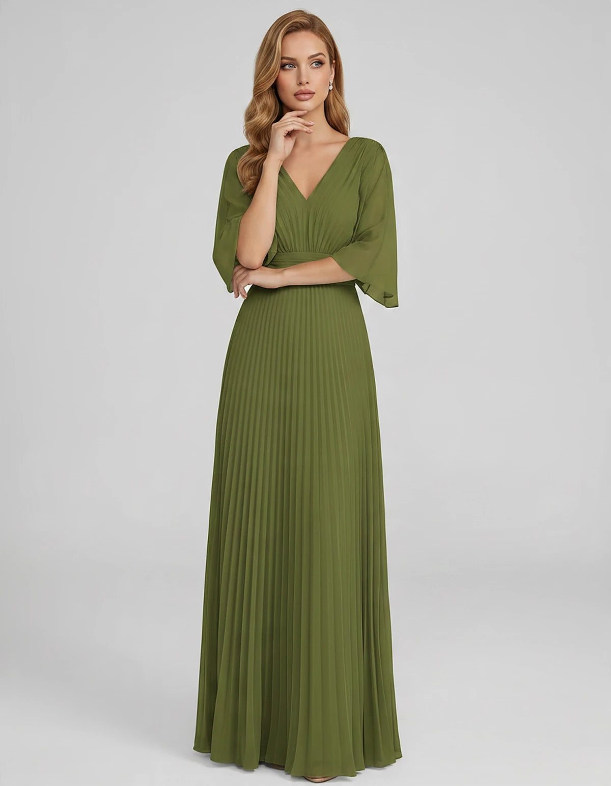 Pleated Chiffon 3/4 Sleeve V-Neck A-Line Maxi Dress for Party, Cocktail, Evening, Wedding Guest, Summer Events, front view | 