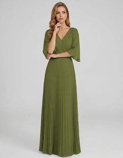 Pleated Chiffon 3/4 Sleeve V-Neck A-Line Maxi Dress for Party, Cocktail, Evening, Wedding Guest, Summer Events, front view | 