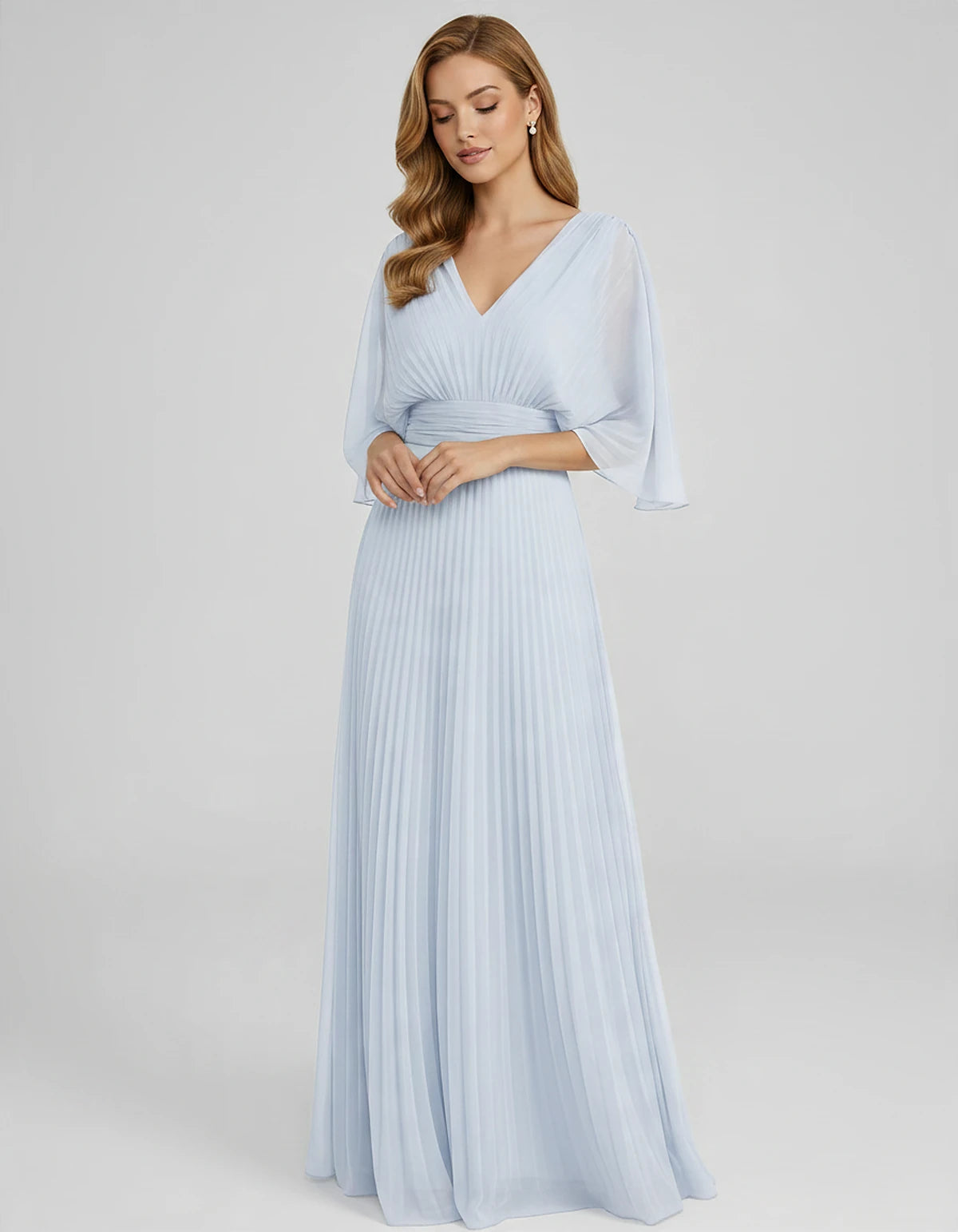 Pleated Chiffon 3/4 Sleeve V-Neck A-Line Maxi Dress for Party, Cocktail, Evening, Wedding Guest, Summer Events, front view | 