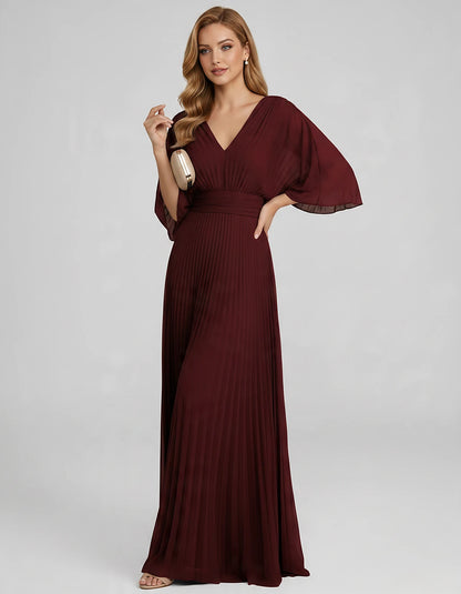 Pleated Chiffon 3/4 Sleeve V-Neck A-Line Maxi Dress for Party, Cocktail, Evening, Wedding Guest, Summer Events, front view | 