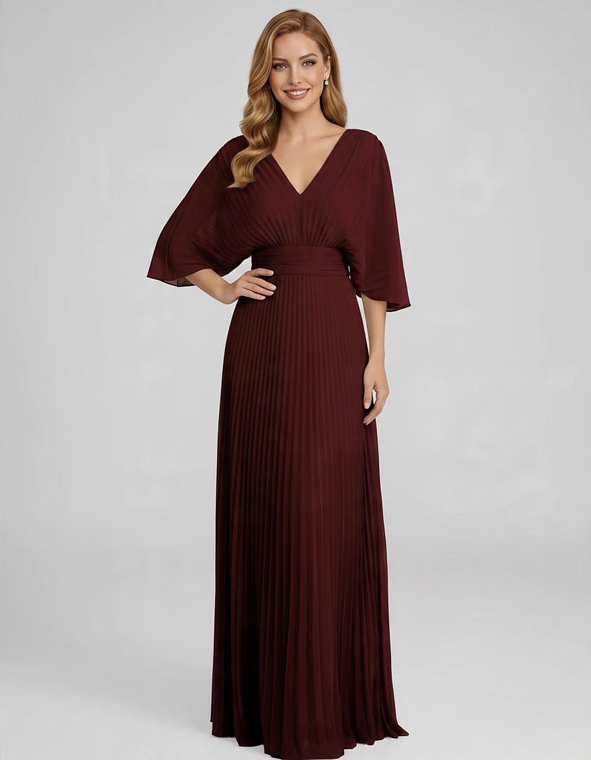 Pleated Chiffon 3/4 Sleeve V-Neck A-Line Maxi Dress for Party, Cocktail, Evening, Wedding Guest, Summer Events, front view | 