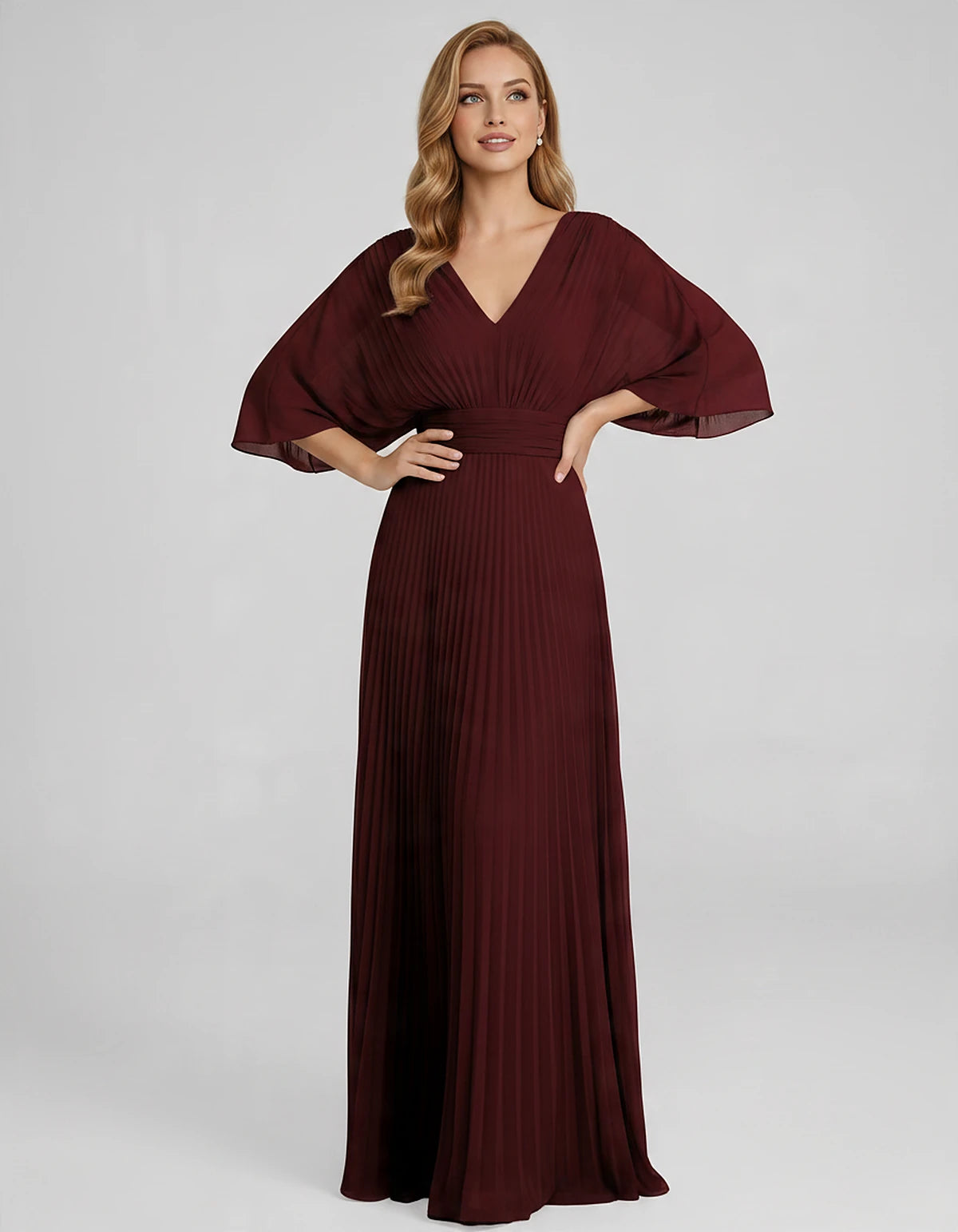 Pleated Chiffon 3/4 Sleeve V-Neck A-Line Maxi Dress for Party, Cocktail, Evening, Wedding Guest, Summer Events, front view | 