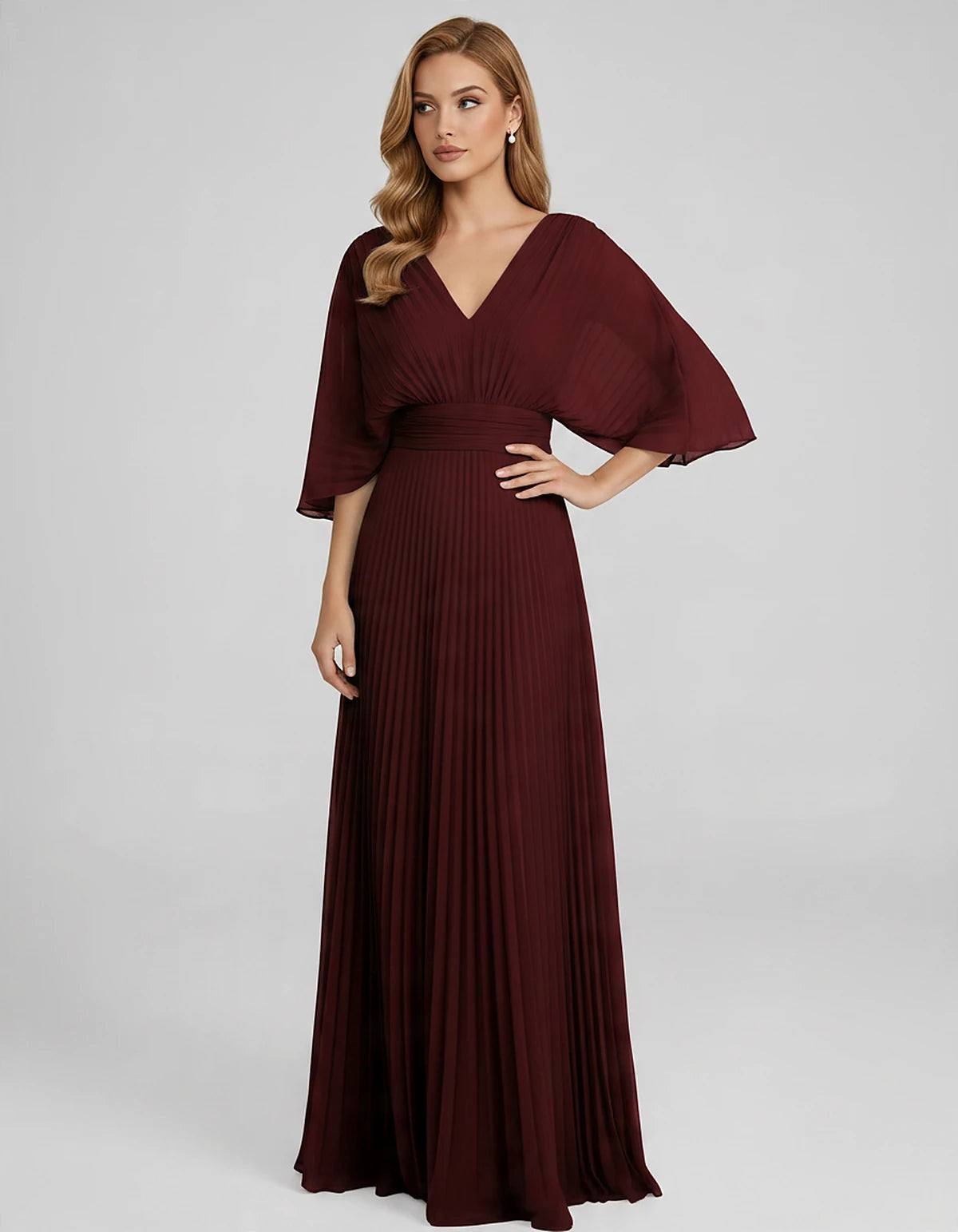 Pleated Chiffon 3/4 Sleeve V-Neck A-Line Maxi Dress for Party, Cocktail, Evening, Wedding Guest, Summer Events, front view | 