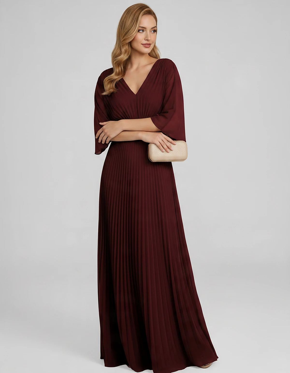 Pleated Chiffon 3/4 Sleeve V-Neck A-Line Maxi Dress for Party, Cocktail, Evening, Wedding Guest, Summer Events, front view | 