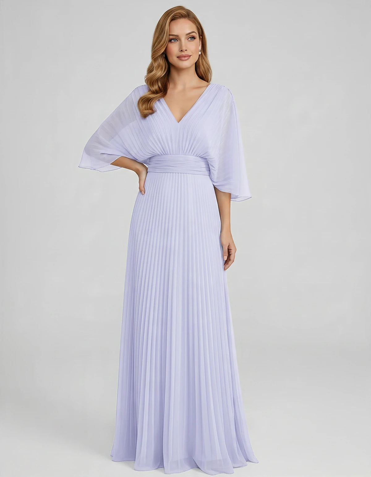 Pleated Chiffon 3/4 Sleeve V-Neck A-Line Maxi Dress for Party, Cocktail, Evening, Wedding Guest, Summer Events, front view | 