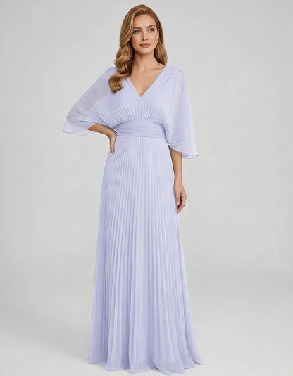 Pleated Chiffon 3/4 Sleeve V-Neck A-Line Maxi Dress for Party, Cocktail, Evening, Wedding Guest, Summer Events, front view | 