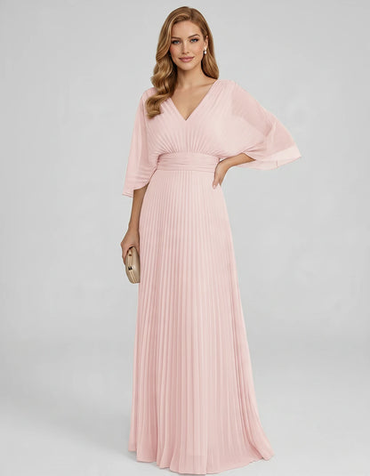 Pleated Chiffon 3/4 Sleeve V-Neck A-Line Maxi Dress for Party, Cocktail, Evening, Wedding Guest, Summer Events, front view | 