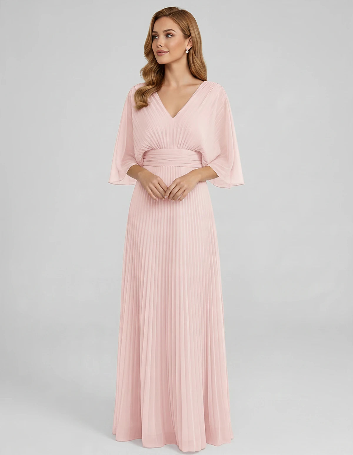 Pleated Chiffon 3/4 Sleeve V-Neck A-Line Maxi Dress for Party, Cocktail, Evening, Wedding Guest, Summer Events, front view | 