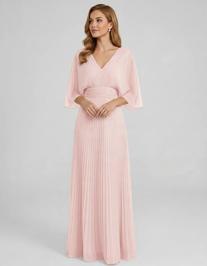 Pleated Chiffon 3/4 Sleeve V-Neck A-Line Maxi Dress for Party, Cocktail, Evening, Wedding Guest, Summer Events, front view | 