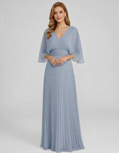 Pleated Chiffon 3/4 Sleeve V-Neck A-Line Maxi Dress for Party, Cocktail, Evening, Wedding Guest, Summer Events, front view | 
