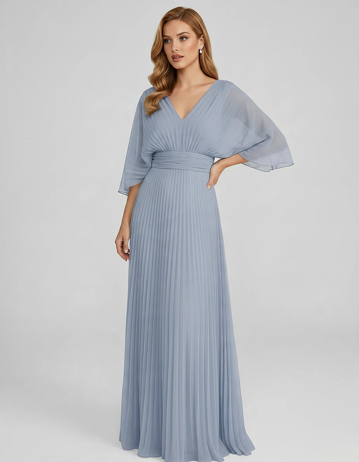 Pleated Chiffon 3/4 Sleeve V-Neck A-Line Maxi Dress for Party, Cocktail, Evening, Wedding Guest, Summer Events, front view | 