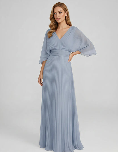 Pleated Chiffon 3/4 Sleeve V-Neck A-Line Maxi Dress for Party, Cocktail, Evening, Wedding Guest, Summer Events, front view | 
