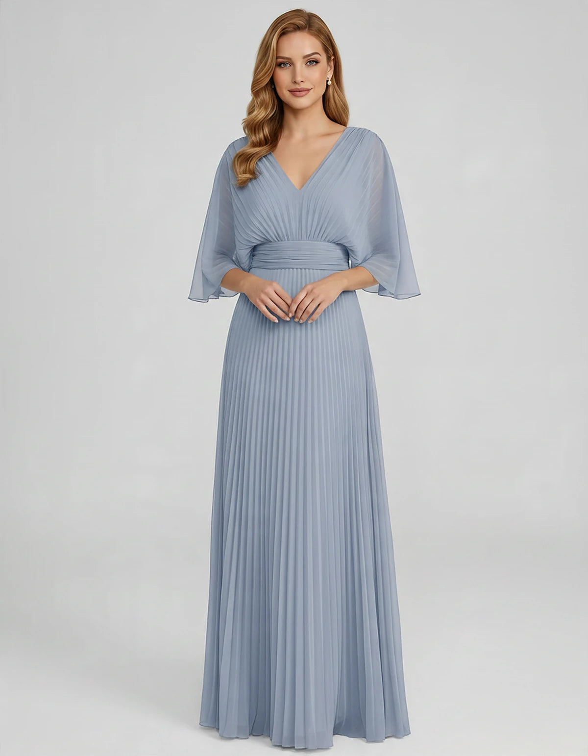 Pleated Chiffon 3/4 Sleeve V-Neck A-Line Maxi Dress for Party, Cocktail, Evening, Wedding Guest, Summer Events, front view | 
